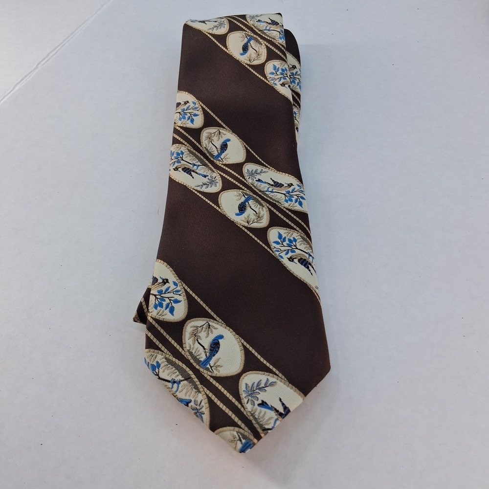 Damon Necktie Mens Brown Blue Bird Floral Vintage 70s Wide Texturized Polyester